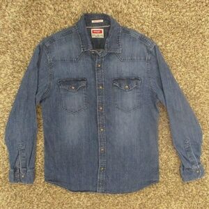 Wrangler Shirt Men's Medium Dark Wash Denim Western Pearl Snap Long Sleeve Jean
